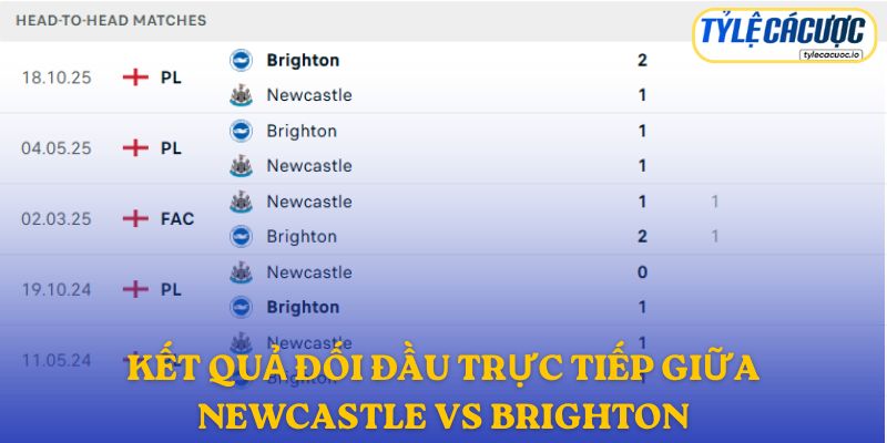 Kết quả đối đầu trực tiếp giữa Newcastle vs Brighton